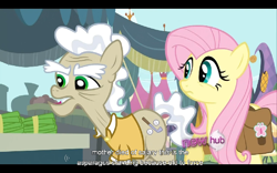 Size: 768x480 | Tagged: safe, edit, edited screencap, screencap, character:fluttershy, character:geri, species:earth pony, species:pegasus, species:pony, episode:putting your hoof down, g4, my little pony: friendship is magic, bag, duo, female, hub logo, male, mare, saddle bag, stallion, youtube caption