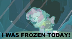 Size: 852x467 | Tagged: safe, edit, edited screencap, screencap, character:pinkie pie, species:earth pony, species:pony, episode:hearth's warming eve, g4, my little pony: friendship is magic, chancellor puddinghead, female, hub logo, i was frozen today, image macro, mare, meme, nostalgia critic, parody, solo, suburban commando, tgwtg, thermostat