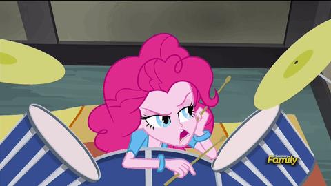 Size: 480x270 | Tagged: safe, edit, edited screencap, screencap, character:pinkie pie, equestria girls:rainbow rocks, g4, my little pony: equestria girls, my little pony:equestria girls, animated, annoyed, ba dum tss, caption, discovery family logo, drums, female, image macro, meme, pinkie pie is not amused, reaction image, rimshot, solo, unamused