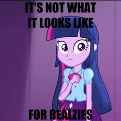 Size: 1080x1080 | Tagged: safe, edit, edited screencap, screencap, character:twilight sparkle, character:twilight sparkle (alicorn), species:alicorn, equestria girls:rainbow rocks, g4, my little pony: equestria girls, my little pony:equestria girls, caption, female, for realzies, image macro, meme, not what it looks like, realzies, solo