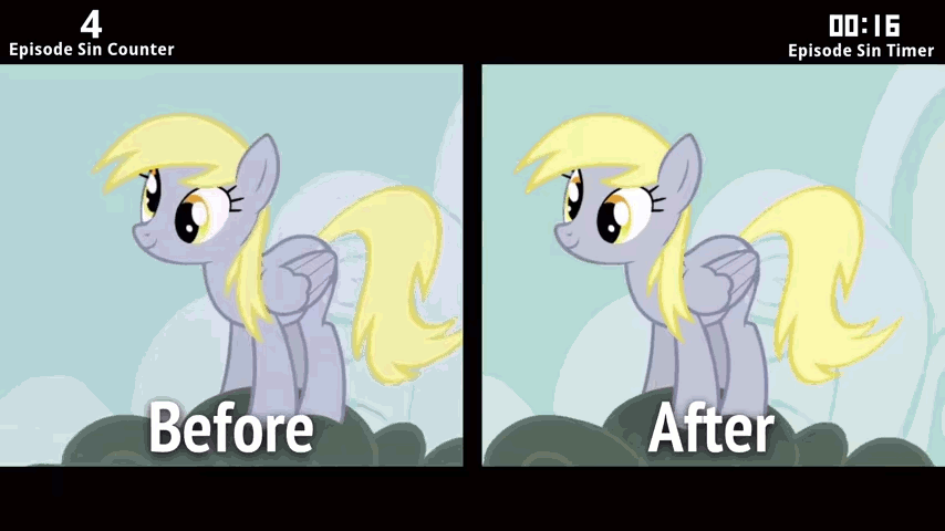 Size: 854x480 | Tagged: safe, edit, edited screencap, screencap, character:derpy hooves, species:pegasus, species:pony, episode:the last roundup, g4, my little pony: friendship is magic, animated, cinemare sins, comparison, derpygate, drama, drama bait, female, mare