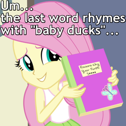 Size: 700x700 | Tagged: safe, edit, edited screencap, screencap, character:fluttershy, equestria girls:rainbow rocks, g4, my little pony: equestria girls, my little pony:equestria girls, bad fanfic, caption, fanfic, female, meta, notebook, reaction image, solo