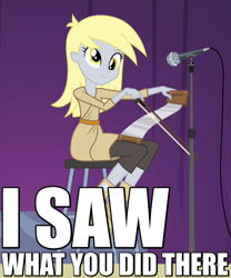 Size: 500x600 | Tagged: safe, edit, edited screencap, screencap, character:derpy hooves, equestria girls:rainbow rocks, g4, my little pony: equestria girls, my little pony:equestria girls, bow (instrument), caption, derp, female, i see what you did there, image macro, microphone, musical instrument, musical saw, pun, reaction image, saw, solo, violin bow