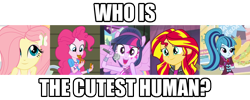 Size: 1200x480 | Tagged: safe, edit, screencap, character:fluttershy, character:pinkie pie, character:sonata dusk, character:sunset shimmer, character:twilight sparkle, character:twilight sparkle (alicorn), species:alicorn, equestria girls:rainbow rocks, g4, my little pony: equestria girls, my little pony:equestria girls, bronybait, caption, cookie, cute, diapinkes, discussion, hair over one eye, microphone, moe, question, shimmerbetes, shyabetes, smiling, sonatabetes, twiabetes, waifu wars