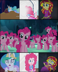 Size: 1144x1424 | Tagged: safe, edit, edited screencap, screencap, character:pinkie pie, character:princess celestia, character:sunset shimmer, species:earth pony, species:pony, episode:too many pinkie pies, episode:twilight's kingdom, equestria girls:rainbow rocks, g4, my little pony: equestria girls, my little pony: friendship is magic, my little pony:equestria girls, celestia's nightmare, clone, exploitable meme, female, mare, meme, memeception, multeity, pinkie clone, pinkie sticks her face into the portal meme, sunset screamer, that cute clone, too much pink energy is dangerous