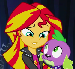 Size: 1096x1002 | Tagged: safe, edit, edited screencap, screencap, character:spike, character:sunset shimmer, species:dog, ship:sunsetspike, equestria girls:rainbow rocks, g4, my little pony: equestria girls, my little pony:equestria girls, bedroom eyes, cute, female, hug, love, male, shipping, smiling, spike the dog, spikelove, straight