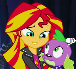 Size: 1096x1002 | Tagged: safe, edit, edited screencap, screencap, character:spike, character:sunset shimmer, species:dog, ship:sunsetspike, equestria girls:rainbow rocks, g4, my little pony: equestria girls, my little pony:equestria girls, bedroom eyes, cute, female, frown, grin, hug, love, male, shipping, smiling, spike the dog, straight, thought bubble, whipped cream, wide eyes