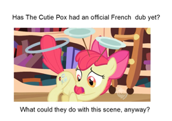 Size: 1053x745 | Tagged: safe, edit, edited screencap, screencap, character:apple bloom, species:earth pony, species:pony, episode:the cutie pox, g4, my little pony: friendship is magic, cutie pox, discussion, dub, fake cutie mark, female, filly, french, hub logo, looking at self, loop-de-hoop, meta, multiple cutie marks, open mouth, plate spinning, solo, text