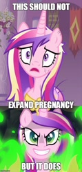 Size: 490x1026 | Tagged: safe, edit, edited screencap, screencap, character:princess cadance, episode:a canterlot wedding, g4, my little pony: friendship is magic, cropped, decadence, evil, evil grin, expand dong, exploitable meme, female, forced meme, green fire, image macro, meme, messy mane, no this does not expand dong, solo