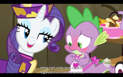 Size: 960x600 | Tagged: safe, edit, edited screencap, screencap, character:rarity, character:spike, species:dragon, species:pony, species:unicorn, episode:dragon quest, g4, my little pony: friendship is magic, blushing, caption, female, hub logo, male, mare, youtube caption