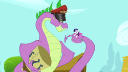 Size: 640x360 | Tagged: safe, edit, edited screencap, screencap, character:rarity, character:spike, episode:secret of my excess, g4, my little pony: friendship is magic, adult spike, coils, commissar hat, greed spike, m. bison, older, older spike, rubberfruit, soldier, spikezilla, team captain, team fortress 2