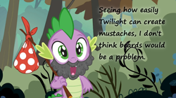 Size: 1054x592 | Tagged: safe, edit, edited screencap, screencap, character:spike, species:dragon, episode:dragon quest, g4, my little pony: friendship is magic, beard, bindle, facial hair, hobo spike, insane pony thread, male, solo