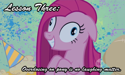 Size: 750x450 | Tagged: safe, edit, edited screencap, screencap, character:pinkamena diane pie, character:pinkie pie, bronyetiquette, caption, forced meme, image macro, insanity face, madame leflour, meta, revised, sir lintsalot, so much pony, text