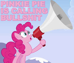 Size: 850x720 | Tagged: safe, edit, edited screencap, screencap, character:pinkie pie, species:earth pony, species:pony, episode:wonderbolts academy, bullshit, caption, female, image macro, megaphone, open mouth, pink text, reaction image, solo, text, vulgar