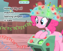 Size: 890x720 | Tagged: safe, edit, edited screencap, screencap, character:pinkie pie, episode:feeling pinkie keen, g4, my little pony: friendship is magic, cropped, evil, female, insane pony thread, machine, solo, text