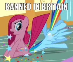 Size: 640x540 | Tagged: safe, edit, edited screencap, screencap, character:pinkamena diane pie, character:pinkie pie, character:rainbow dash, species:earth pony, species:pegasus, species:pony, episode:party of one, g4, my little pony: friendship is magic, britain, caption, facesitting, image macro, law, meme