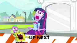 Size: 1067x600 | Tagged: safe, edit, edited screencap, screencap, character:spike, character:twilight sparkle, species:dog, equestria girls:equestria girls, g4, my little pony: equestria girls, my little pony:equestria girls, exploitable meme, inappropriate timing spongebob banner, meme, spike the dog, spongebob laughs at your misery, spongebob squarepants, twiscream, up next