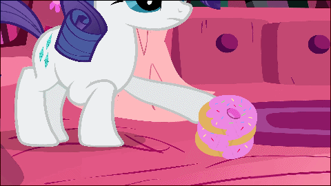 Size: 480x270 | Tagged: safe, edit, edited screencap, screencap, character:princess luna, character:rarity, episode:look before you sleep, g4, my little pony: friendship is magic, animated, donut, food, golden oaks library, lunabuse, ring toss, ringer