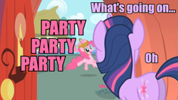 Size: 783x441 | Tagged: safe, edit, edited screencap, screencap, character:pinkie pie, character:twilight sparkle, species:earth pony, species:pony, species:unicorn, episode:party of one, g4, my little pony: friendship is magic, basket, basket hat, butt, caption, clothing, cloud, cloudy, door, female, flower, hat, house, mare, party, pink text, plot, purple text