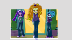 Size: 1280x720 | Tagged: safe, edit, edited screencap, screencap, character:adagio dazzle, character:aria blaze, character:sonata dusk, equestria girls:rainbow rocks, g4, my little pony: equestria girls, my little pony:equestria girls, clothing, diner, gem, hoodie, jeans, jewelry, necklace, outdoors, pants, pendant, shoes, siren gem, sneakers, the dazzlings, wind