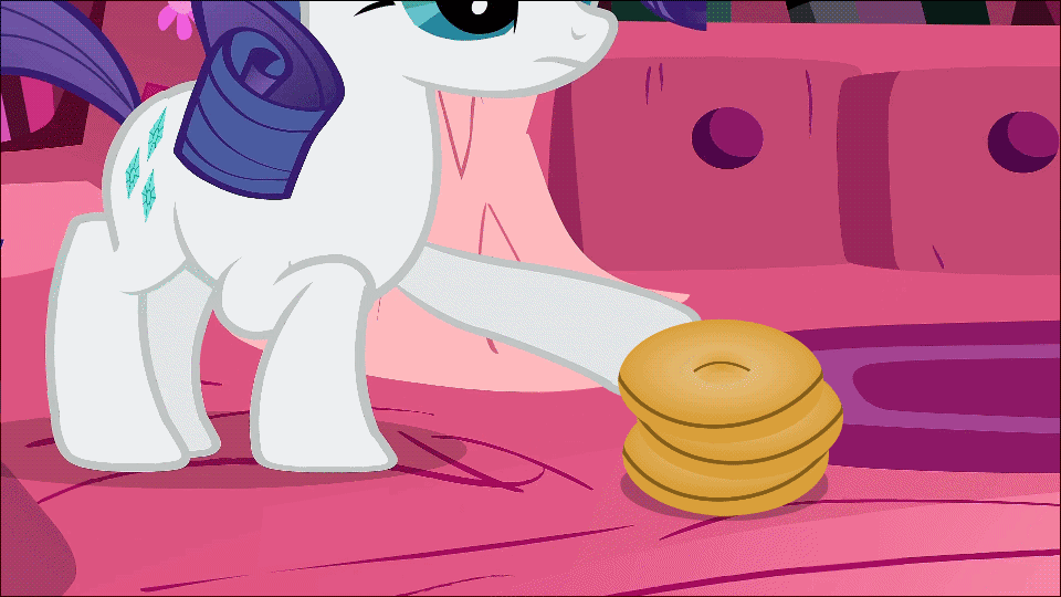 Size: 960x540 | Tagged: safe, edit, edited screencap, screencap, character:applejack, character:rarity, character:twilight sparkle, episode:look before you sleep, g4, my little pony: friendship is magic, animated, bagel, cream cheese, food, hair curlers, ring toss