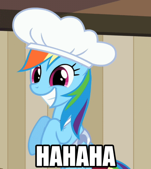 Size: 485x540 | Tagged: safe, edit, edited screencap, screencap, character:rainbow dash, episode:the last roundup, g4, my little pony: friendship is magic, animated, caption, chef's hat, clothing, crossed hooves, frown, glare, grin, haha no, hat, image macro, laughing, meme, no, nodding, reaction image, smiling, unamused