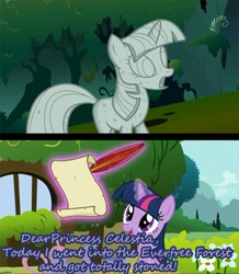 Size: 650x745 | Tagged: safe, edit, edited screencap, screencap, character:twilight sparkle, character:twilight sparkle (unicorn), species:pony, species:unicorn, episode:stare master, g4, my little pony: friendship is magic, caption, female, glowing horn, horn, image macro, letter, magic, mare, open mouth, petrification, pun, quill, solo, statue, stone, telekinesis, writing