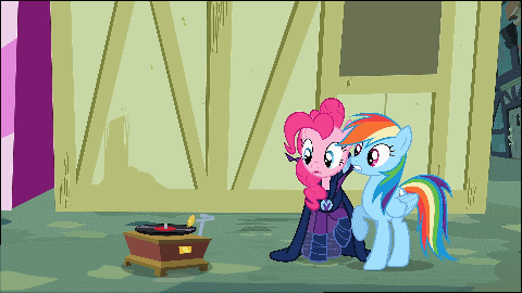 Size: 480x270 | Tagged: safe, edit, edited screencap, screencap, character:mare do well, character:pinkie pie, character:rainbow dash, episode:the mysterious mare do well, g4, my little pony: friendship is magic, animated, duo, loop, mare do well costume, record player
