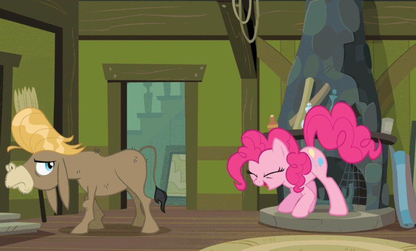 Size: 828x500 | Tagged: safe, edit, screencap, character:cranky doodle donkey, character:pinkie pie, species:donkey, species:earth pony, species:pony, episode:a friend in deed, g4, my little pony: friendship is magic, animated, jumping, loop, reversed