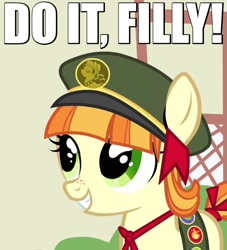 Size: 500x550 | Tagged: safe, edit, edited screencap, screencap, character:tag-a-long, character:thin mint, episode:just for sidekicks, g4, my little pony: friendship is magic, bow, caption, clothing, cute, do it filly, filly, filly guides, freckles, hat, image macro, meme, reaction image, ribbon, smiling, solo, tag-a-long, uniform