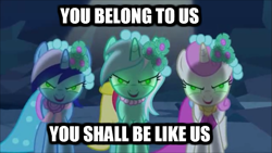 Size: 771x434 | Tagged: safe, edit, edited screencap, screencap, character:lyra heartstrings, character:minuette, character:twinkleshine, species:pony, species:unicorn, episode:a canterlot wedding, g4, my little pony: friendship is magic, bridesmaid, bridesmaid dress, caption, clothing, cyberman, doctor who, dress, female, image macro, mare, meme, mind control, nightmare fuel, one of us, possessed, tomb of the cybermen