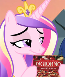 Size: 508x600 | Tagged: safe, edit, edited screencap, screencap, character:princess cadance, species:alicorn, species:pony, episode:three's a crowd, g4, my little pony: friendship is magic, crown, digiorno, female, jewelry, lidded eyes, mare, meme, meme origin, peetzer, pizza, ponies eating meat, regalia, smiling, smirk, solo, that pony sure does love pizza