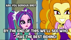 Size: 1024x572 | Tagged: safe, edit, edited screencap, screencap, character:adagio dazzle, character:aria blaze, equestria girls:rainbow rocks, g4, my little pony: equestria girls, my little pony:equestria girls, are you serious, caption, captioned, competition, female, humor, meme, silly, text, the dazzlings