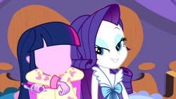 Size: 1280x720 | Tagged: safe, edit, edited screencap, screencap, character:rarity, character:twilight sparkle, character:twilight sparkle (alicorn), species:alicorn, equestria girls:rainbow rocks, g4, my little pony: equestria girls, my little pony:equestria girls, no face, poker face