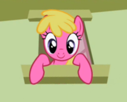Size: 600x480 | Tagged: safe, edit, edited screencap, screencap, character:cherry berry, episode:the mysterious mare do well, g4, my little pony: friendship is magic, background pony, c:, cherrybetes, cute, leaning, looking at you, looking down, smiling, solo, window