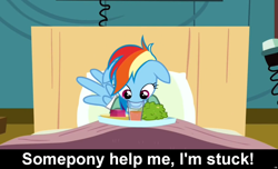Size: 1600x973 | Tagged: safe, edit, edited screencap, screencap, character:rainbow dash, species:pegasus, species:pony, episode:read it and weep, g4, my little pony: friendship is magic, adorable distress, bandage, bed, bronybait, caption, cs captions, cute, dashabetes, female, floppy ears, food, glass, hospital, mare, silly, silly pony, solo, stuck
