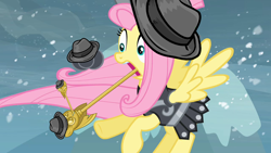 Size: 1280x720 | Tagged: safe, edit, edited screencap, screencap, character:fluttershy, episode:hearth's warming eve, g4, my little pony: friendship is magic, armor, clothing, faec, fedora, female, hat, smugdash, solo, twilight scepter