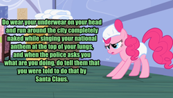Size: 1280x720 | Tagged: safe, edit, edited screencap, screencap, character:pinkie pie, species:pony, episode:baby cakes, g4, my little pony: friendship is magic, bronyetiquette, diaper, diaper on head, female, frown, impact font, indoors, mare, meta, open mouth, parody, solo, standing, wat