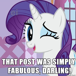 Size: 500x500 | Tagged: safe, edit, edited screencap, screencap, character:rarity, cropped, darling, ei, fabulous, image macro, meme, reaction image, seal of approval, wink