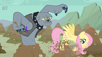 Size: 325x183 | Tagged: safe, edit, edited screencap, screencap, character:fido, character:fluttershy, species:diamond dog, episode:a dog and pony show, g4, my little pony: friendship is magic, animated, flutterbutt, plot, zoom