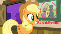 Size: 1280x720 | Tagged: safe, edit, edited screencap, screencap, character:applejack, species:earth pony, species:pony, american gothic, applejack's parents, circled, female, grin, hilarious in hindsight, jossed, mare, op is a slowpoke, painting, parent, picture, smiling, squee