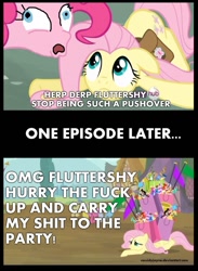 Size: 780x1067 | Tagged: safe, edit, edited screencap, screencap, character:fluttershy, character:pinkie pie, episode:it's about time, episode:putting your hoof down, g4, my little pony: friendship is magic, derp, faec, image macro, meme, pinkie drama, vulgar