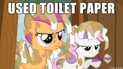 Size: 610x342 | Tagged: safe, edit, edited screencap, screencap, character:apple bloom, character:scootaloo, character:sweetie belle, species:pegasus, species:pony, species:unicorn, caption, cutie mark crusaders, female, filly, image macro, meme, out of context, poop, scat, scataloo