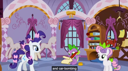 Size: 920x512 | Tagged: safe, edit, edited screencap, screencap, character:rarity, character:spike, character:sweetie belle, species:dragon, species:pony, species:unicorn, caption, female, filly, letter, male, mare, quill, youtube caption