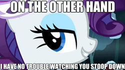 Size: 625x349 | Tagged: safe, edit, edited screencap, screencap, character:rarity, species:pony, species:unicorn, episode:hearth's warming eve, g4, my little pony: friendship is magic, bend over, caption, female, image macro, mare, out of context, princess platinum, solo