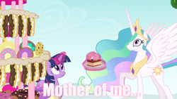 Size: 853x480 | Tagged: safe, edit, edited screencap, screencap, character:princess celestia, character:twilight sparkle, character:twilight sparkle (unicorn), species:alicorn, species:pony, species:unicorn, episode:mmmystery on the friendship express, g4, my little pony: friendship is magic, cake, cakelestia, female, glowing horn, horn, image macro, levitation, magic, magic aura, mare, marzipan mascarpone meringue madness, meme, mother of celestia, mother of god, mother of me, raised hoof, spread wings, telekinesis, wings