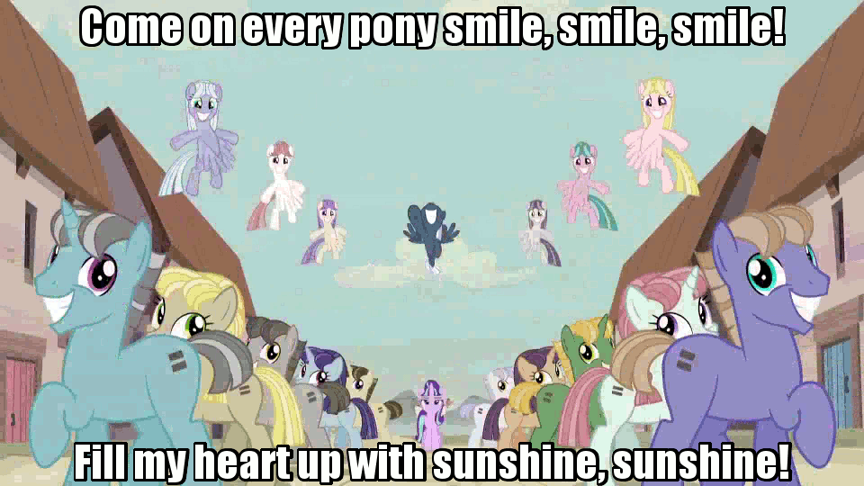Size: 960x540 | Tagged: safe, edit, edited screencap, screencap, character:dusk drift, character:night glider, episode:the cutie map, g4, my little pony: friendship is magic, animated, cloud brûlée, equal cutie mark, equal town banner, image macro, in our town, meme, smile song
