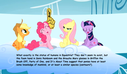 Size: 1076x625 | Tagged: safe, edit, edited screencap, screencap, character:applejack, character:fluttershy, character:pinkie pie, character:twilight sparkle, episode:sonic rainboom, g4, my little pony: friendship is magic, #1, foam finger, meta, text, text meta