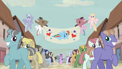 Size: 1280x720 | Tagged: safe, edit, edited screencap, screencap, character:rainbow dash, character:starlight glimmer, episode:pinkie pride, episode:the cutie map, g4, my little pony: friendship is magic, best pony, blank flank, equal town banner, equal town banner meme, exploitable meme, group shot, in our town, meme