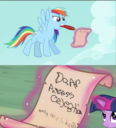 Size: 500x552 | Tagged: safe, edit, edited screencap, screencap, character:mare do well, character:rainbow dash, character:twilight sparkle, episode:the mysterious mare do well, g4, my little pony: friendship is magic, comic, duo, mouth drawing, mouth hold, pen, quill, quill pen, scroll